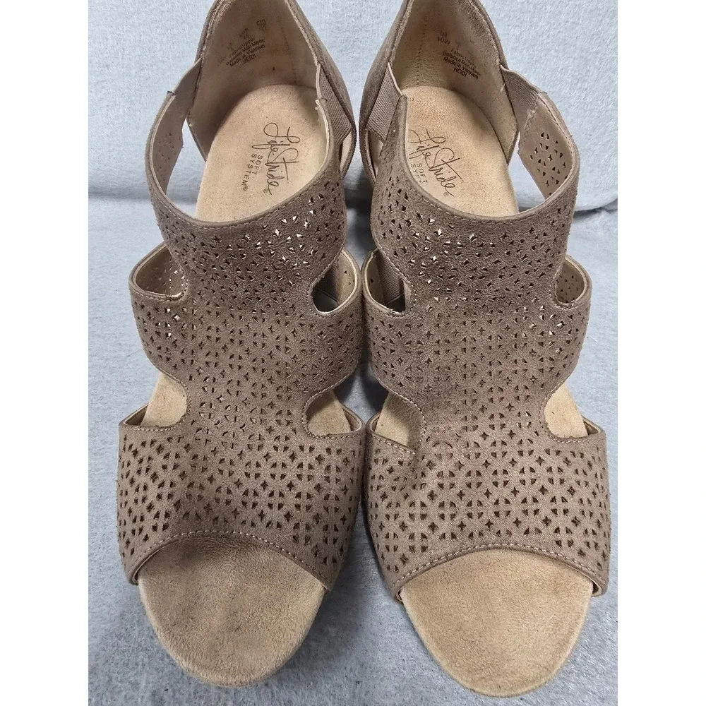LifeStride Heidi Womens 10W Taupe Cork Wedge Heel Sandals Soft System Comfort